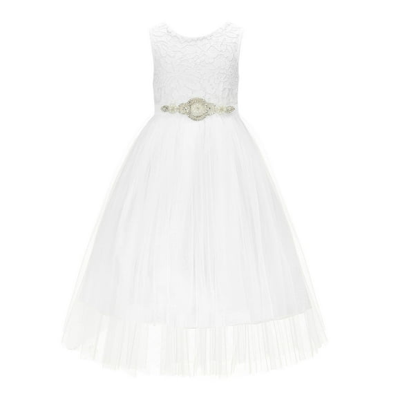 Ekidsbridal Girl Pageant Flower Girl Dress - Scalloped Lace Back Tulle with Rhinestone Sash 207R7-A (Size: M-10)