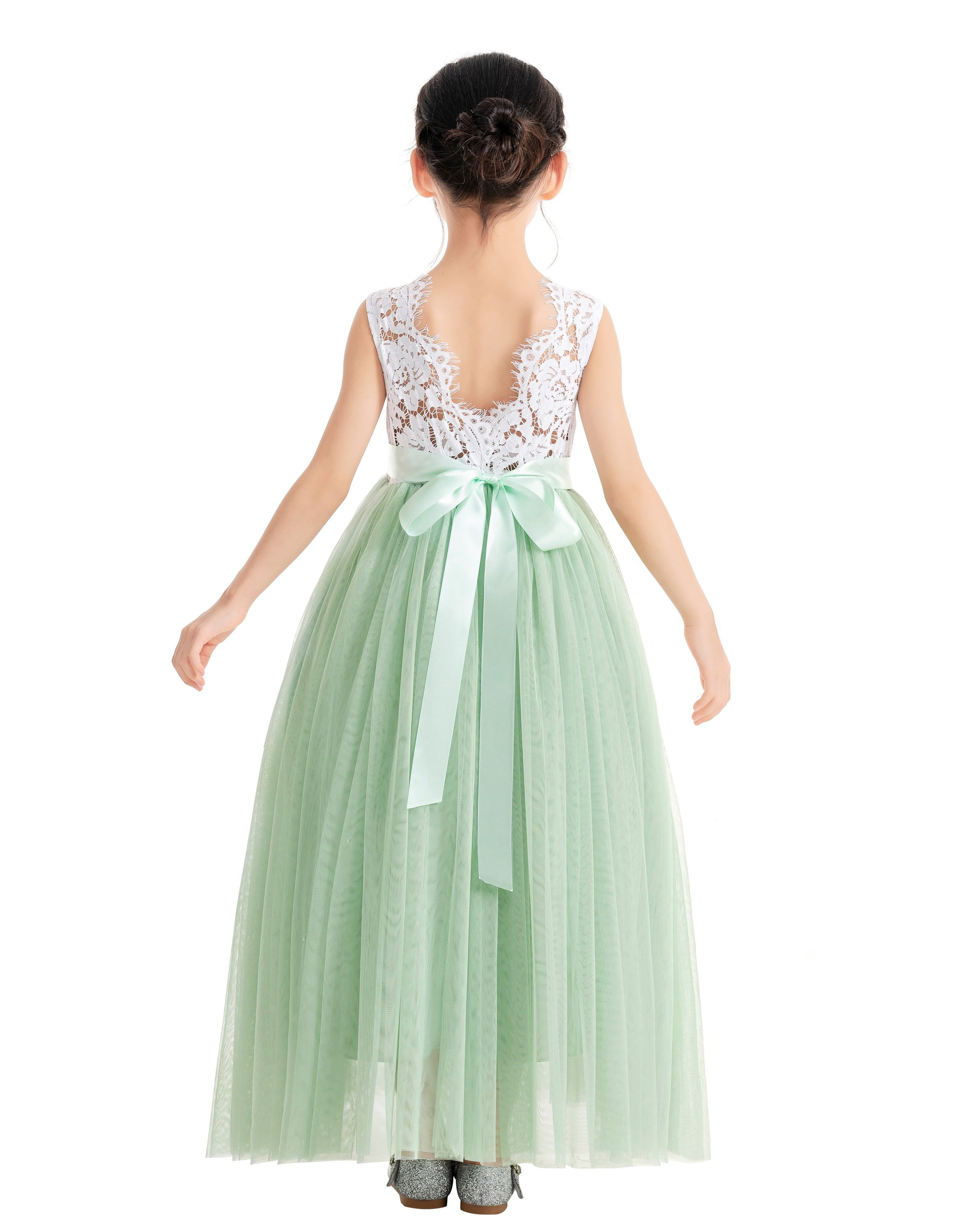 Topmaker Backless Flower Girl Dress - Lace Bodice With Tiered Tulle Skirt (Mint, 9-10 Years) - View #10