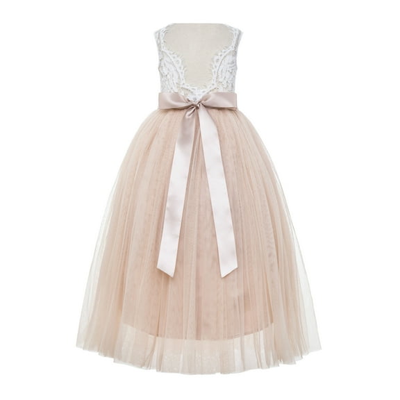 Ekidsbridal Girl Pageant Flower Girl Dress - Scalloped V-Back Lace Bohemian Lace 207R-A (Size: M-10)