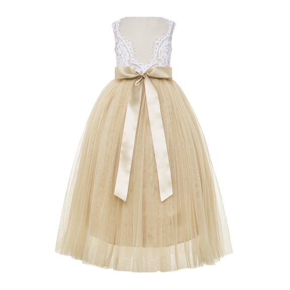 Ekidsbridal Girl Pageant Flower Girl Dress - Scalloped V-Back Lace Bohemian Lace 207R-A (Size: M-10)