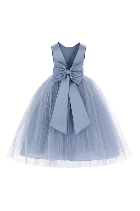 Girl Pageant Flower Girl Dress - V-Back Satin Tulle with Bow Sash 219T-A (Size: M-14)