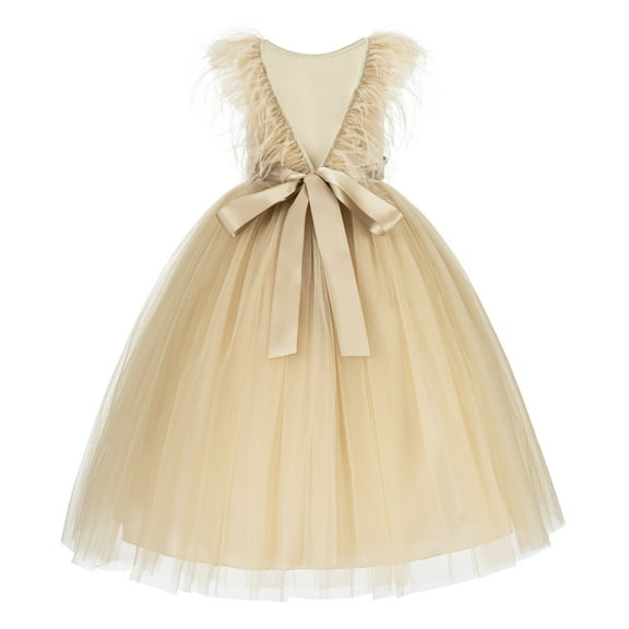 Ekidsbridal Girl Pageant Flower Girl Dress - V-Back Satin with Ostrich Feather OS3-A (Size: 2-12)