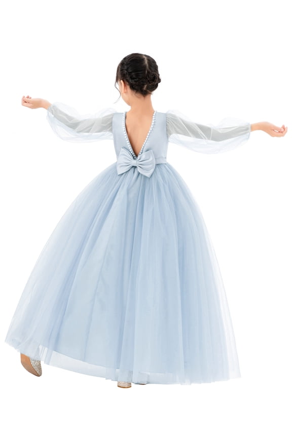 Girl Pageant Flower Girl Dress - V-Back with Puffy Tulle Sleeves 249-A (Size: 2-10)
