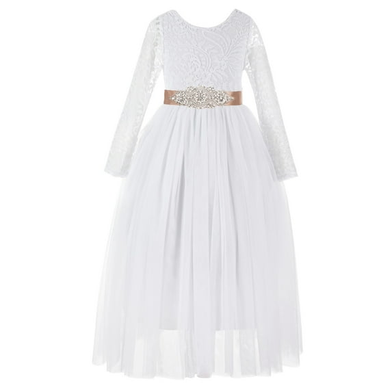 Ekidsbridal Girl Pageant Flower Girl Dress - White Backless Lace A-Line Tulle with Rhinestone Sash 290R3-A (Size: M-10)