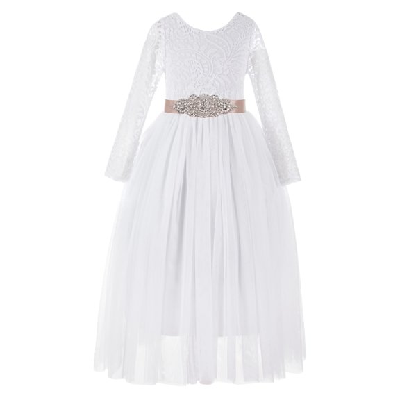 Ekidsbridal Girl Pageant Flower Girl Dress - White Backless Lace A-Line Tulle with Rhinestone Sash 290R3-A (Size: M-10)