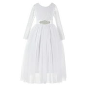 Ekidsbridal Girl Pageant Flower Girl Dress - White Backless Lace A-Line Tulle with Rhinestone Sash 290R3-A Size M-10
