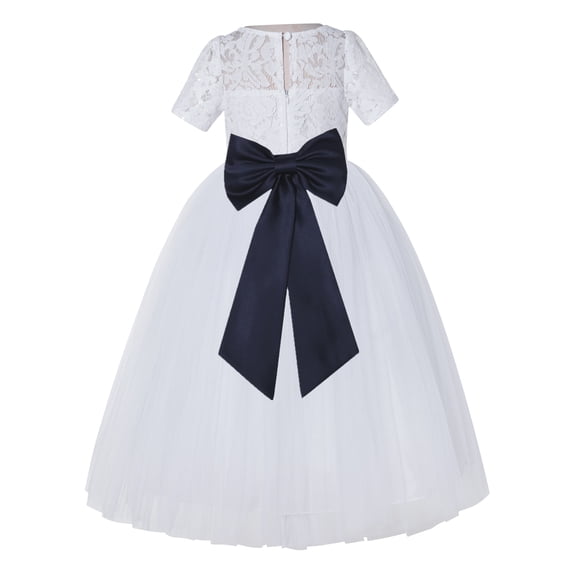 Ekidsbridal Girl Pageant Flower Girl Dress - White Lace Short Sleeve with Bow Sash LG2T-A (Size: 2-12)