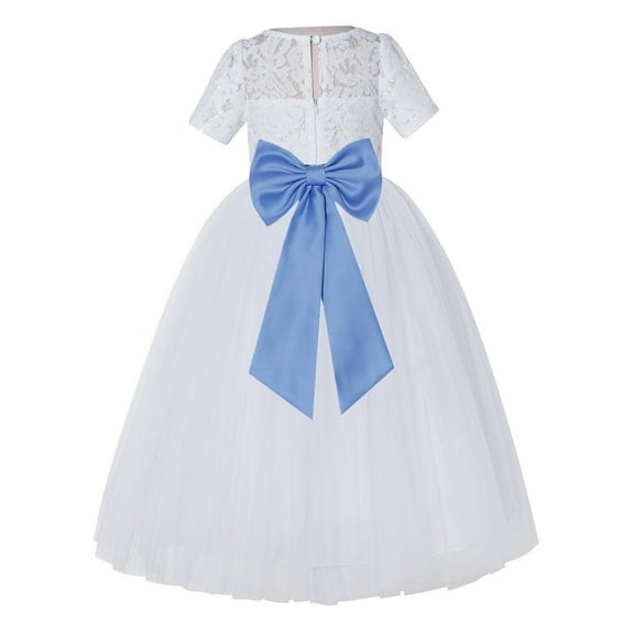 Ekidsbridal Girl Pageant Flower Girl Dress - White Lace Short Sleeve with Bow Sash LG2T-A (Size: 2-12)