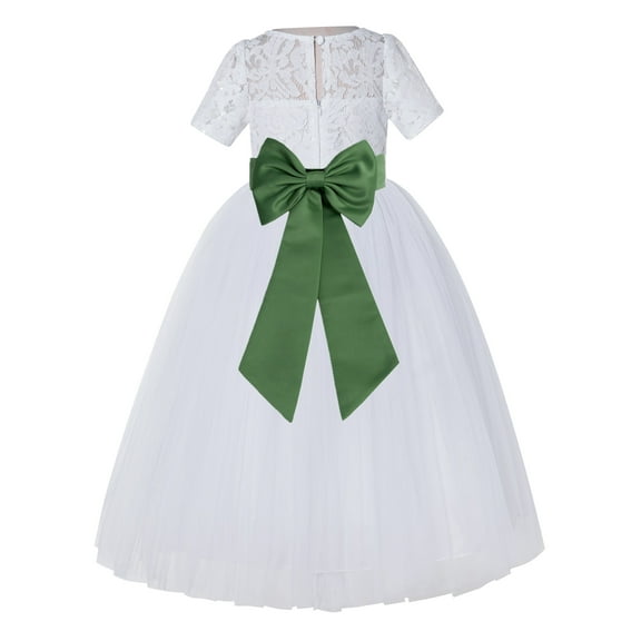 Ekidsbridal Girl Pageant Flower Girl Dress - White Lace Short Sleeve with Bow Sash LG2T-A (Size: 2-12)