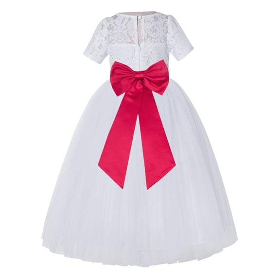 Ekidsbridal Girl Pageant Flower Girl Dress - White Lace Short Sleeve with Bow Sash LG2T-A (Size: 2-12)