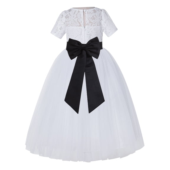 Ekidsbridal Girl Pageant Flower Girl Dress - White Lace Short Sleeve with Bow Sash LG2T-A (Size: 2-12)