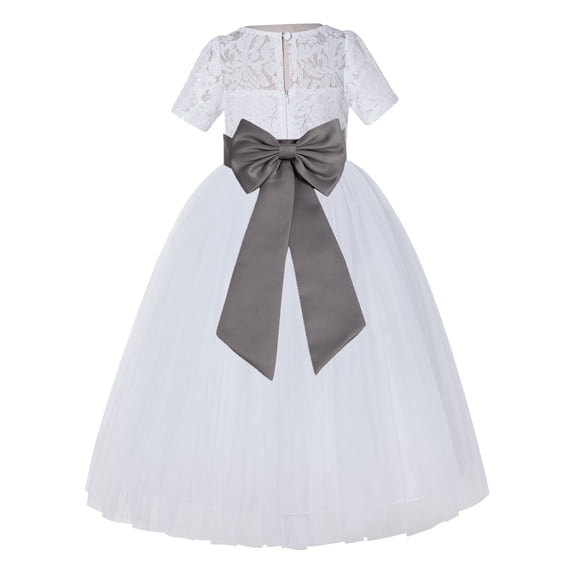 Ekidsbridal Girl Pageant Flower Girl Dress - White Lace Short Sleeve with Bow Sash LG2T-A (Size: 2-12)