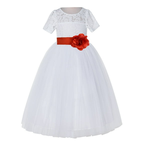 Ekidsbridal Girl Pageant Flower Girl Dress - White Lace Short Sleeve with Bow Sash LG2T-A (Size: 2-12)