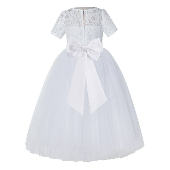 Ekidsbridal Girl Pageant Flower Girl Dress - White Lace Short Sleeve with Bow Sash LG2T-A (Size: 2-12)