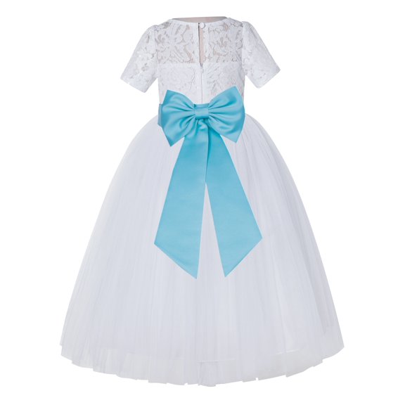 Ekidsbridal Girl Pageant Flower Girl Dress - White Lace Short Sleeve with Bow Sash LG2T-A (Size: 2-12)