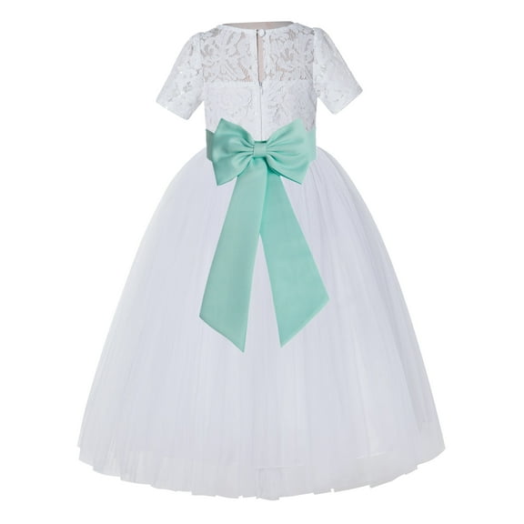 Ekidsbridal Girl Pageant Flower Girl Dress - White Lace Short Sleeve with Bow Sash LG2T-A (Size: 2-12)
