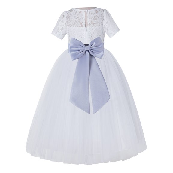 Ekidsbridal Girl Pageant Flower Girl Dress - White Lace Short Sleeve with Bow Sash LG2T-A (Size: 2-12)