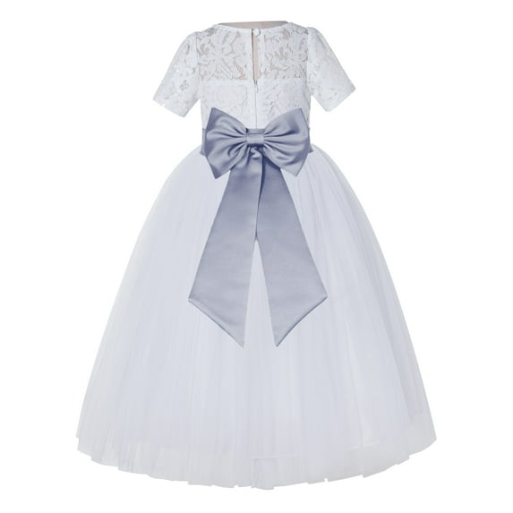 Ekidsbridal Girl Pageant Flower Girl Dress - White Lace Short Sleeve with Bow Sash LG2T-A (Size: 2-12)