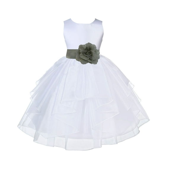 Ekidsbridal Girl Pageant Flower Girl Dress - White Tiered Organza with Bow Sash 4613T-A (Size: S-12)