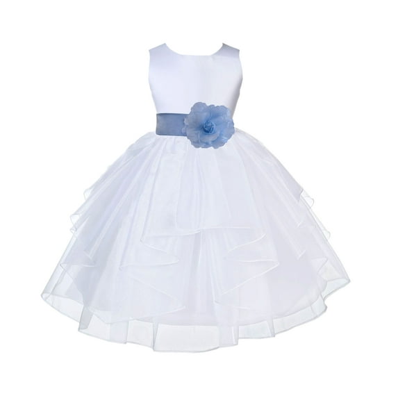 Ekidsbridal Girl Pageant Flower Girl Dress - White Tiered Organza with Bow Sash 4613T-A (Size: S-12)