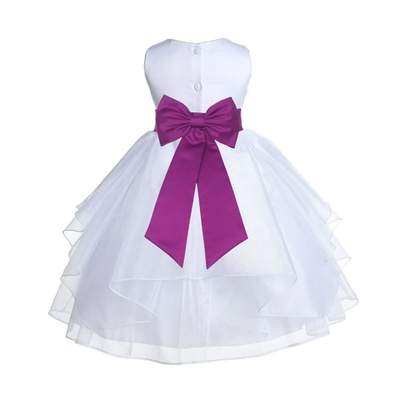 Ekidsbridal Girl Pageant Flower Girl Dress - White Tiered Organza with Bow Sash 4613T-A (Size: S-12)