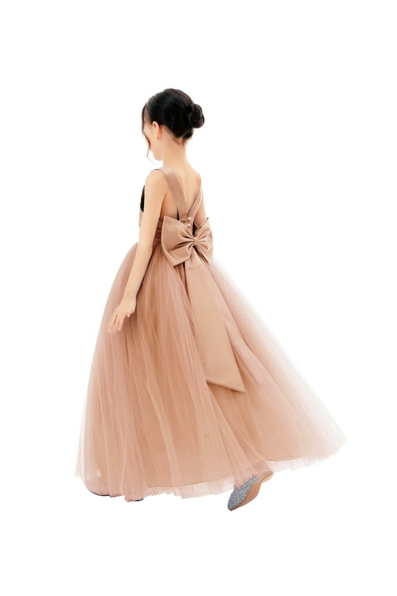 Girl Princess Flower Girl Dress - Satin Backless with Elegant Pre-tied Bow 722-A (Size: 4-12)