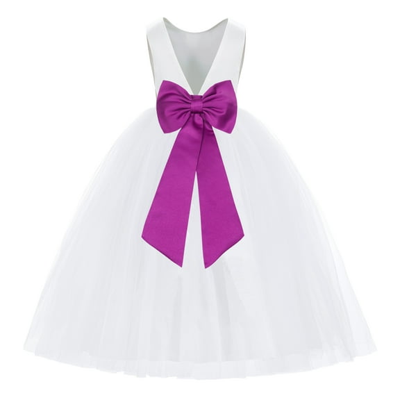 Ekidsbridal Girl Princess Flower Girl Dress - V-Back Satin White Tulle with Tiebow 219T-A (Size: M-14)
