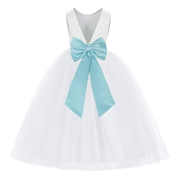Ekidsbridal Girl Princess Flower Girl Dress - V-Back Satin White Tulle with Tiebow 219T-A (Size: M-14)