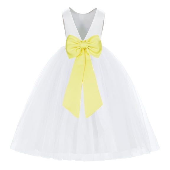 Ekidsbridal Girl Princess Flower Girl Dress - V-Back Satin White Tulle with Tiebow 219T-A (Size: M-14)