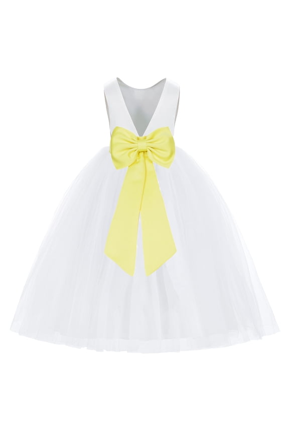 Girl Princess Flower Girl Dress - V-Back Satin White Tulle with Tiebow 219T-A (Size: M-14)
