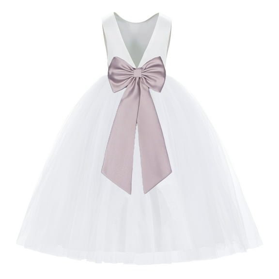 Ekidsbridal Girl Princess Flower Girl Dress - V-Back Satin White Tulle with Tiebow 219T-A (Size: M-14)