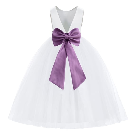 Ekidsbridal Girl Princess Flower Girl Dress - V-Back Satin White Tulle with Tiebow 219T-A (Size: M-14)