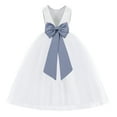 thumbnail image 1 of Ekidsbridal Girl Princess Flower Girl Dress - V-Back Satin White Tulle with Tiebow 219T-A (Size: M-14), 1 of 2