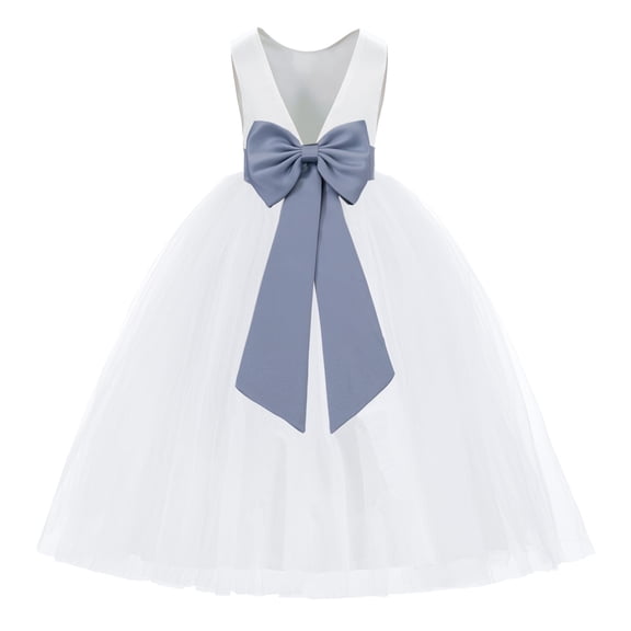 Ekidsbridal Girl Princess Flower Girl Dress - V-Back Satin White Tulle with Tiebow 219T-A (Size: M-14)