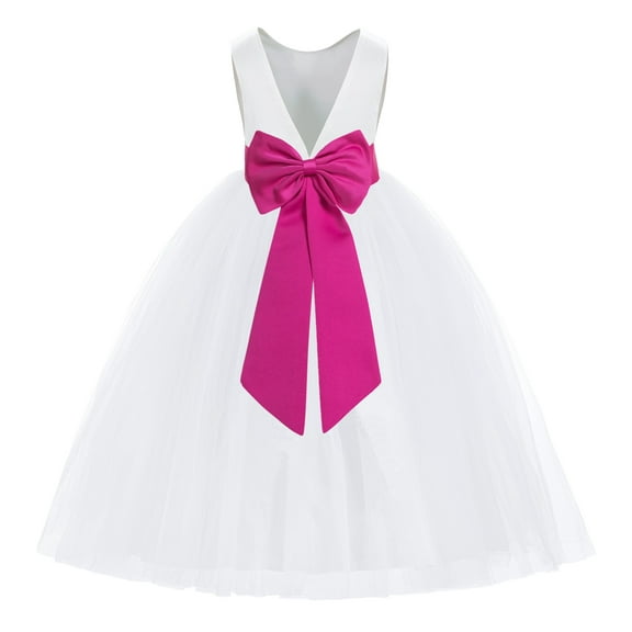 Ekidsbridal Girl Princess Flower Girl Dress - V-Back Satin White Tulle with Tiebow 219T-A (Size: M-14)