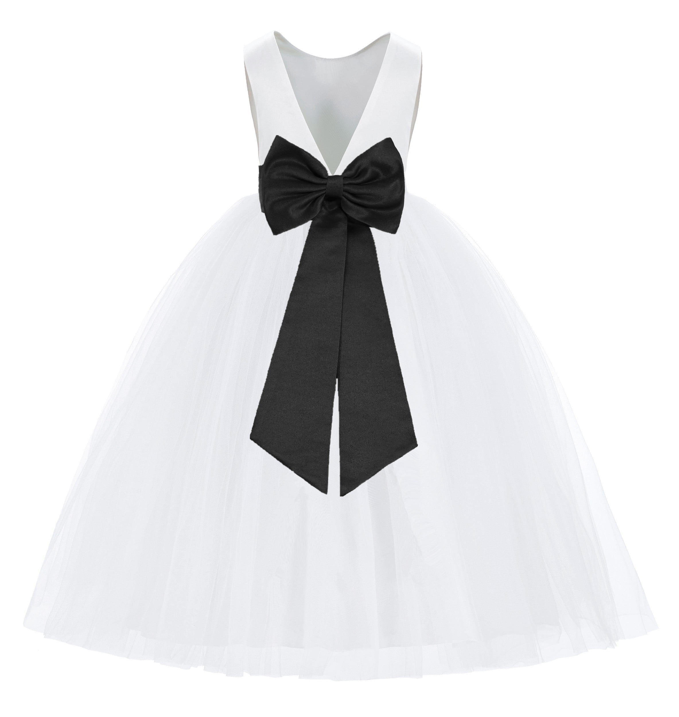 Girls Satin Flower Girl Dress - V-Neck V-Back First Communion Dress With Bow, White Ball Gown For Wedding Party-572071