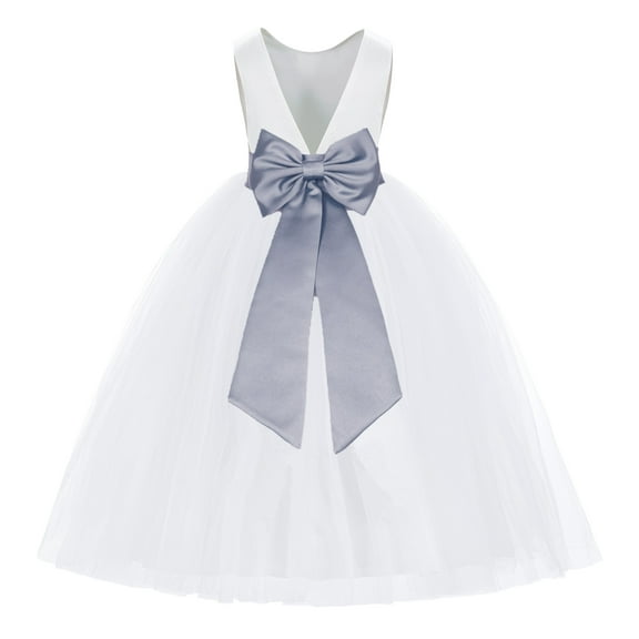 Ekidsbridal Girl Princess Flower Girl Dress - V-Back Satin White Tulle with Tiebow 219T-A (Size: M-14)