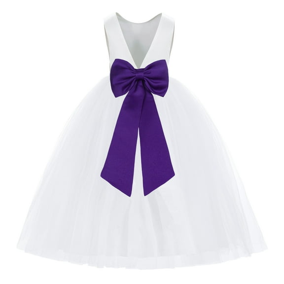 Ekidsbridal Girl Princess Flower Girl Dress - V-Back Satin White Tulle with Tiebow 219T-A (Size: M-14)