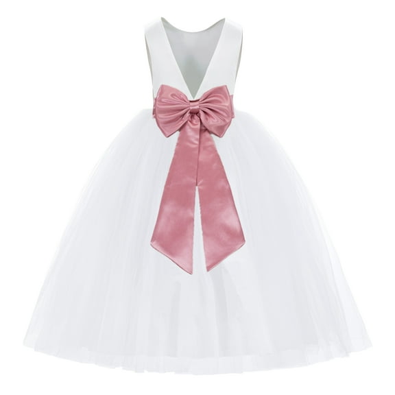 Ekidsbridal Girl Princess Flower Girl Dress - V-Back Satin White Tulle with Tiebow 219T-A (Size: M-14)