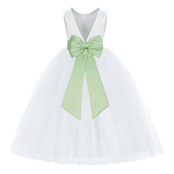 Ekidsbridal Girl Princess Flower Girl Dress - V-Back Satin White Tulle with Tiebow 219T-A (Size: M-14)