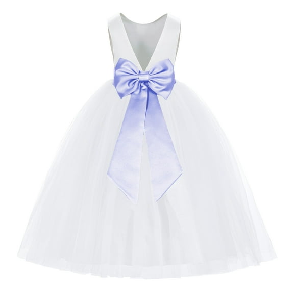 Ekidsbridal Girl Princess Flower Girl Dress - V-Back Satin White Tulle with Tiebow 219T-A (Size: M-14)