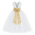 thumbnail image 1 of Ekidsbridal Girl Princess Flower Girl Dress - V-Back Satin White Tulle with Tiebow 219T-A (Size: M-14), 1 of 3