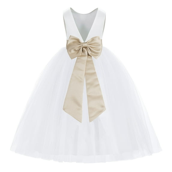 Ekidsbridal Girl Princess Flower Girl Dress - V-Back Satin White Tulle with Tiebow 219T-A (Size: M-14)