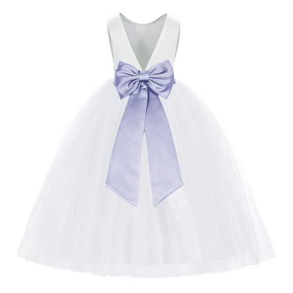 Ekidsbridal Girl Princess Flower Girl Dress - V-Back Satin White Tulle with Tiebow 219T-A (Size: M-14)