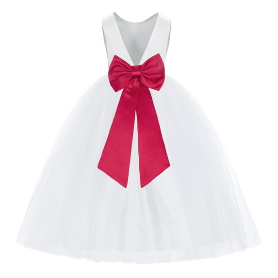 Ekidsbridal Girl Princess Flower Girl Dress - V-Back Satin White Tulle with Tiebow 219T-A (Size: M-14)