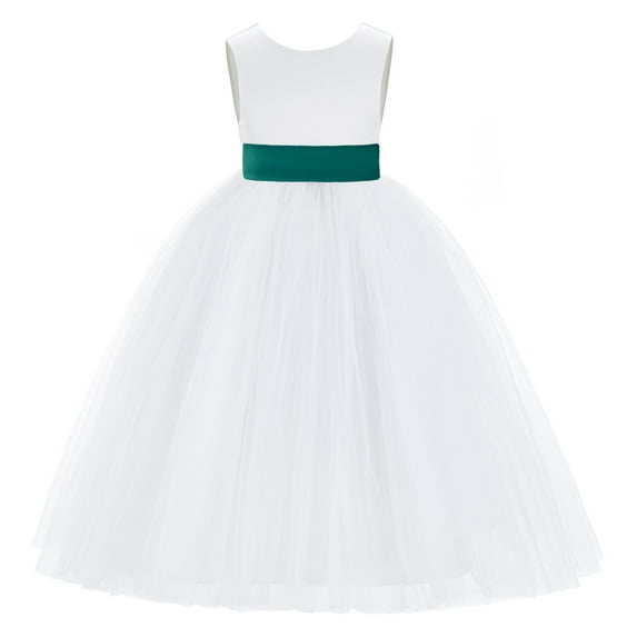 Ekidsbridal Girl Princess Flower Girl Dress - V-Back Satin White Tulle with Tiebow 219T-A (Size: M-14)