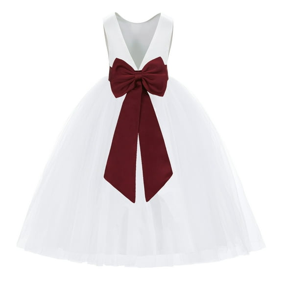 Ekidsbridal Girl Princess Flower Girl Dress - V-Back Satin White Tulle with Tiebow 219T-A (Size: M-14)