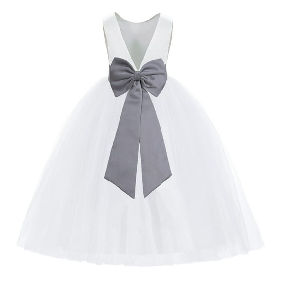 Ekidsbridal Girl Princess Flower Girl Dress - V-Back Satin White Tulle with Tiebow 219T-A (Size: M-14)