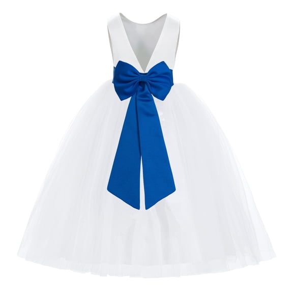 Ekidsbridal Girl Princess Flower Girl Dress - V-Back Satin White Tulle with Tiebow 219T-A (Size: M-14)