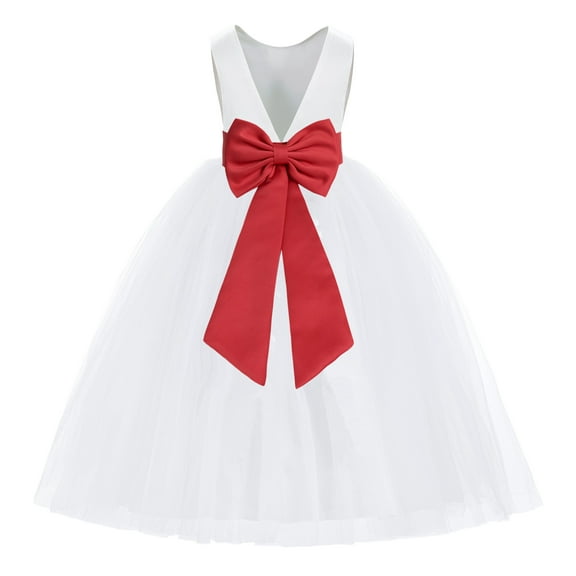 Ekidsbridal Girl Princess Flower Girl Dress - V-Back Satin White Tulle with Tiebow 219T-A (Size: M-14)
